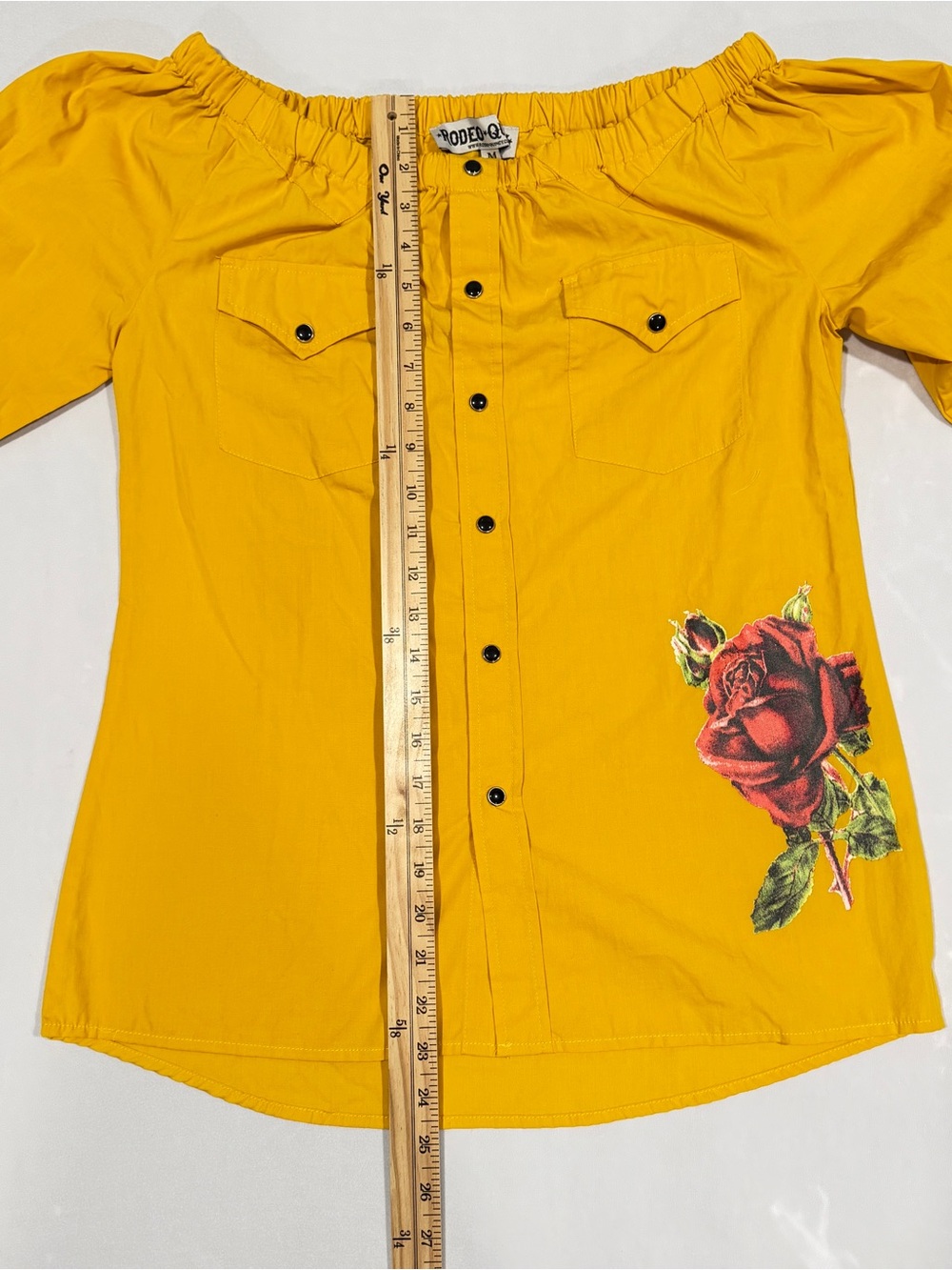 Off-Shoulder Yellow Button-Front Blouse with Rose Graphic - Picture 2 of 6